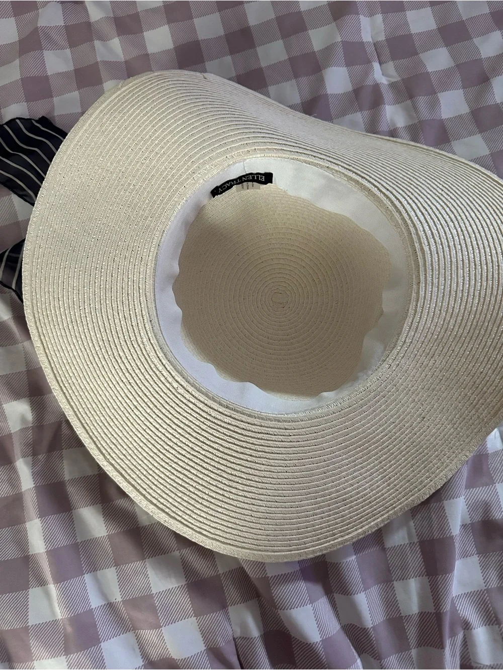 Ellen Tracy Cream Straw Sun Hat with Navy Chain & Ribbon Trim